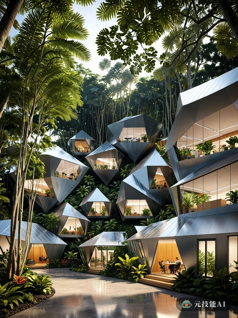 OfficeTropical Rainforest Campsite是一个前沿的设计理念，将舒适的现代办公生活与热带雨林的奇观融为一体。这个可持续的营地体现了功能主义的原则，利用铝的晶体形状来创造既美观又环保的结构。该设计以高科技设施为特色，与自然环境无缝融合，让游客享受两全其美。从最先进的工作空间到环保的住宿，OfficeTropical提供了一个独特的体验，在这里，商务和娱乐完美和谐共存。这个设计证明了想象力和创新的力量，向我们展示了在偏远美丽的地方可持续生活不仅是可能的，而且是可取的。