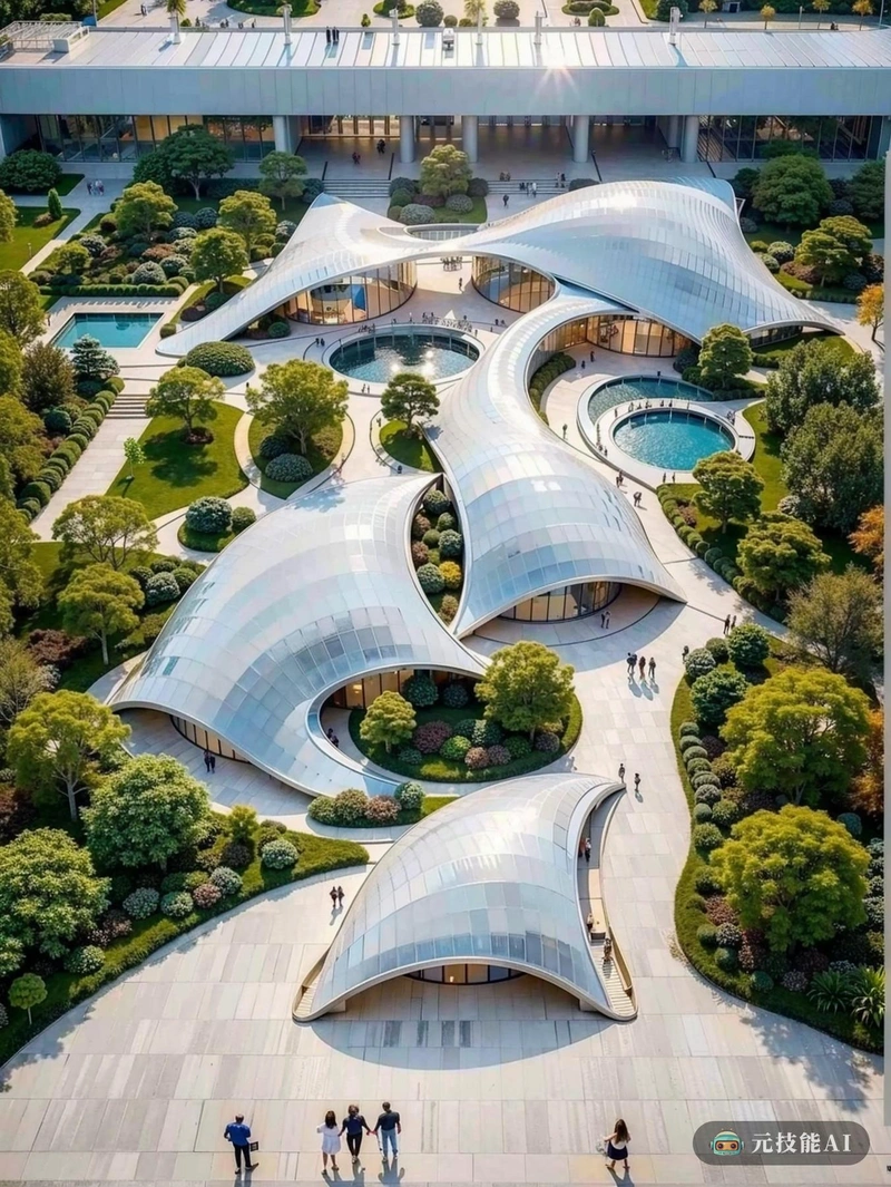 一个时尚的鸟瞰图,现代展览馆,由著名建筑师圣地亚哥卡拉特拉瓦设计。该结构看起来像一系列相交的曲线,优雅地悬浮在空中。阳光透过透明的屋顶,在室内白色的极简主义室内投下斑驳的阴影。游客沿着一条宽阔弯曲的小路走向入口,在那里,一对高耸的有机拱门构成了视野。大厅周围环绕着郁郁葱葱的绿色植物和倒影池,为文化聚会和展览创造了一个宁静和谐的环境。 一个时尚的鸟瞰图,现代展览馆,由著名建筑师圣地亚哥卡拉特拉瓦设计。该结构看起来像一系列相交的曲线,优雅地悬浮在空中。阳光透过透明的屋顶,在室内白色的极简主义室内投下斑驳的阴影。游客沿着一条宽阔弯曲的小路走向入口,在那里,一对高耸的有机拱门构成了视野。大厅周围环绕着郁郁葱葱的绿色植物和倒影池,为文化聚会和展览创造了一个宁静和谐的环境。