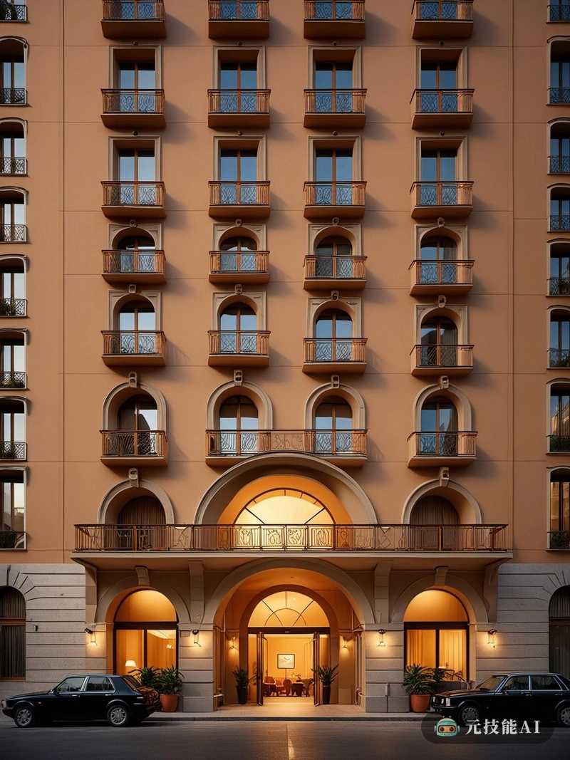 阿尔多·罗西设计的一家酒店优雅地矗立在城市摩天大楼的背景下。立面与周围环境形成鲜明对比，具有干净的线条和几何形状。建筑的外部覆盖着中性色调，使其无缝地融入城市景观。随着太阳落山，投下温暖的光芒在城市，酒店的窗户发光与欢迎客人的温暖的光。入口是一个宏伟的拱门，通向一个充满优雅家具和精致装饰的大厅。酒店的室内设计是罗西对细节的关注的证明，每个房间都拥有自己独特的风格，同时保持和谐的凝聚力。