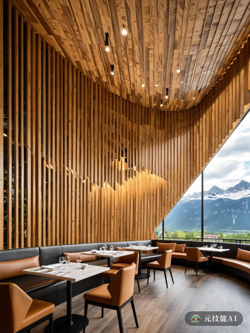 餐厅设计是后现代主义的杰作，融合了讽刺和复杂性，创造了一个挑战传统建筑规范的空间。核心元素是木质复合板覆盖的山地观景台，既是焦点，也是与户外的连接。这个平台延伸了用餐区，为客人提供了周围山脉的全景，同时也为室内空间提供了动态元素。该设计结合了嵌套形式，创造了一种深度感和视觉趣味。木质复合板以其自然的纹理和质感，为空间增添了温暖和个性，与后现代风格的干净线条和棱角分明的几何形状形成了美丽的对比。动态建筑通过使用可移动的分区和可调节的照明装置，使空间在白天和晚上都能变换。这种灵活性创造了一个兼具功能性和适应性的餐厅，增强了每次访问的用餐体验。结果是一个挑战传统用餐体验的餐厅，邀请客人在享受精心设计的空间的简单和优雅的同时，拥抱后现代的讽刺和复杂性。