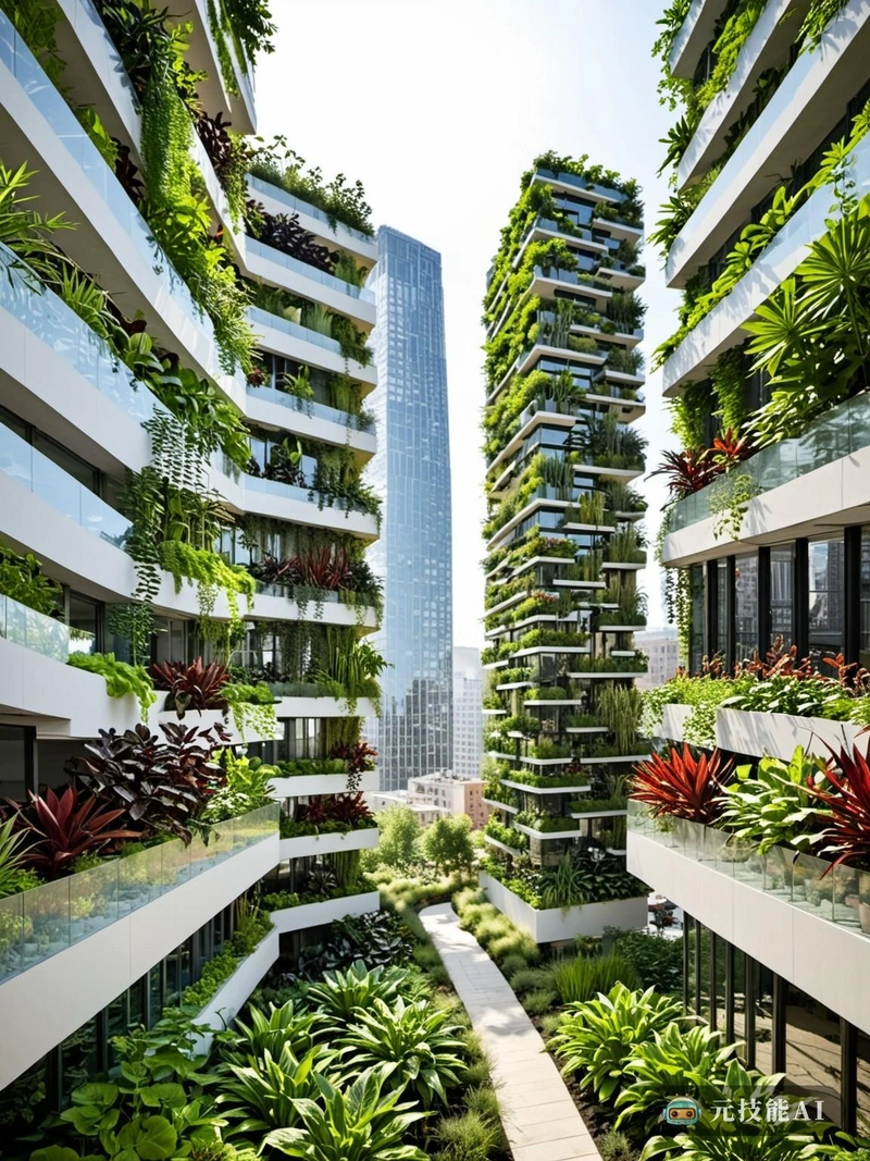 “垂直绿洲”被设想为伊甸园的垂直部分，是一个超越城市生活限制的屋顶花园。设计模糊了室内和室外的界限，融合了未来主义和生态敏感性。花园的概念是一个分段的形式，每个部分都为独特的热带植物物种量身定制，创造了一个郁郁葱葱的绿色植物马赛克，向天空升起，挑战垂直园艺的极限。砖，一种坚固耐用的代名词，在这里被重新构想为支撑花园重量的结构元素，同时也作为装饰装置。砖块的排列模式与植物标本中的自然形态相呼应，为原本有机的设计增添了一丝工业优雅。这一观赏性设计起到先锋性的范例的作用，展示了现代城市景观中自然与科技的和谐共存。“垂直绿洲”不仅仅是一个屋顶花园;这是希望的宣言，是对一个更绿色、更紧密联系的未来的愿景，在那里摩天大楼与自然完美和谐地共存。