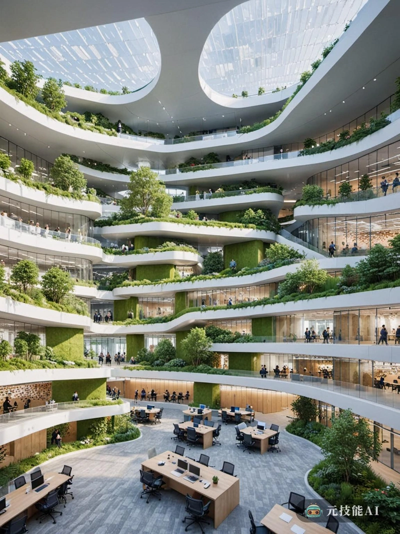 由Bjarke Ingels Group (BIG)设计的未来主义办公室景观，描绘了一个充满活力的工作空间，在这里协作和创造力蓬勃发展。该场景的特点是一个曲线建筑，与周围的城市结构无缝融合。室内是开放和封闭空间的融合，在提供隐私的同时培养了一种社区意识。该设计结合了可持续材料和特征，如太阳能电池板和绿色屋顶，有助于建筑的整体环境友好性。室内设计既现代又诱人，自然光和大胆的色彩混合在一起，刺激了人们的思维。工作空间配备了最新的技术，允许无缝协作和高效的工作流程。整体效果是一个充满活力，创新的办公环境，促进创造力和生产力。