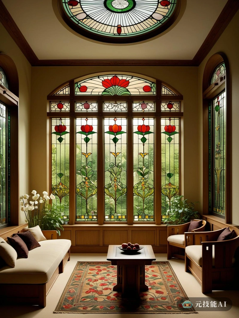 查尔斯·雷尼·麦金托什(Charles Rennie Mackintosh)设计的宁静客厅散发着宁静的感觉。房间沐浴在柔和的自然光通过大窗户，框架一个翠绿的花园景观。内部装饰着麦金托什标志性的新艺术风格，具有复杂的彩色玻璃窗，有机图案和柔和的曲线。家具由橡木和桦木制成，光滑而舒适，与周围环境融为一体。调色板是中性和泥土色调的和谐混合，创造了一种轻松的氛围。Mackintosh对细节的关注体现在复杂的雕刻和精致的饰面上，使房间在视觉上吸引人，功能上舒适。