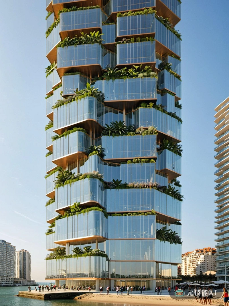 这座水平摩天大楼被设想为沿海的杰作，与周围的自然环境无缝融合。它是可持续建筑的先驱，提供了一个垂直的城市景观，与海边的水平流动相协调。设计的特点是分层的方法，每一层都被设计成相互补充，创造一个独特的垂直生态系统。设计的核心是空中花园的概念，每一层都装饰着郁郁葱葱的绿色植物和装饰设计。这不仅为居民提供了一个宁静的环境，而且还作为一个自然冷却系统，减少了建筑的碳足迹。铜在外部包层中的使用不仅使建筑具有独特的金色色调，而且还可以作为太阳反射器，进一步提高其能源效率。这座沿海水平摩天大楼不仅仅是一座建筑;这是人类设计与自然共生的证明，一个垂直的城市，呼吸和繁荣。