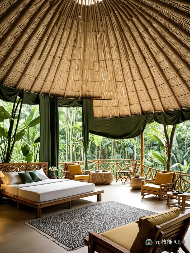 农舍热带雨林营地是一个设计杰作，融合了现代建筑与热带雨林丰富的自然美景。这个设计的核心在于自然材料，如竹子，与当代家具和设计元素的和谐融合。整个营地使用竹子不仅补充了雨林环境，而且反映了对可持续性和环境友好性的承诺。建筑的灵感来自穆德哈尔风格，以其复杂的几何图案和装饰元素而闻名，而室内设计则融合了巴洛克风格的家具，散发出优雅和奢华的感觉。这两种风格的融合创造了一种既传统又现代的独特美学。这个营地不仅仅是一个住宿的地方，也是一种体验。客人可以享受雨林的宁静氛围，同时仍然有机会获得现代化的便利和舒适。农舍热带雨林营地是环保设计之美的证明，提醒人们人与自然之间的和谐共存。