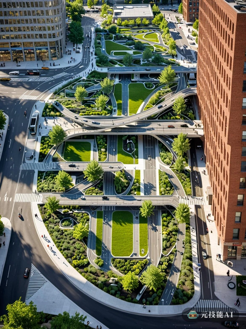 在城市的中心，交通枢纽和城市公园融合成一个单一的、充满活力的空间。这个几何城市绿洲是设计中理性主义的证明，每一条线和形状都有一个目的，创造了一个高效而又视觉上引人注目的环境。混凝土是首选材料，用于创建既耐用又永恒的结构，体现了20世纪的现代主义原则。装饰艺术风格在交通枢纽的复杂细节中很明显，干净的线条和几何图案在混凝土表面上舞蹈。公园里有绿色的草坪和几何形状的植物，与城市的喧嚣形成了宁静的对比，为忙碌的都市人提供了喘息的机会。该设计展望了交通和城市绿地和谐共存的未来，创造了一个既实用又美观的动态、宜居的城市景观。