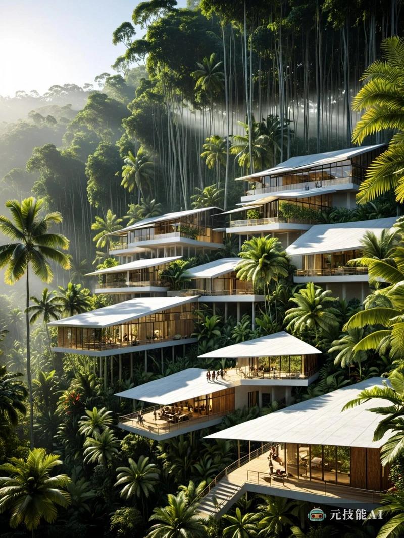 生态科技雨林度假村是一个旅游概念，它释放了南美洲热带雨林的潜力，将高科技设计与可持续实践相结合。度假村坐落在郁郁葱葱的绿色植物中，为客人提供身临其境的自然体验。斯大林主义建筑在度假酒店的建筑设计中符合解构主义风格，在提供现代舒适的同时，创造了一种独特的美学，尊重环境。油漆涂层用于将结构无缝地融入雨林，最大限度地减少视觉冲击。智能房间控制、环保交通和可再生能源系统等高科技功能确保了可持续的体验。度假村提供了一系列的活动，从徒步旅行和高空滑索到与当地社区的文化交流，为客人提供一个难忘的和负责任的热带逃避。