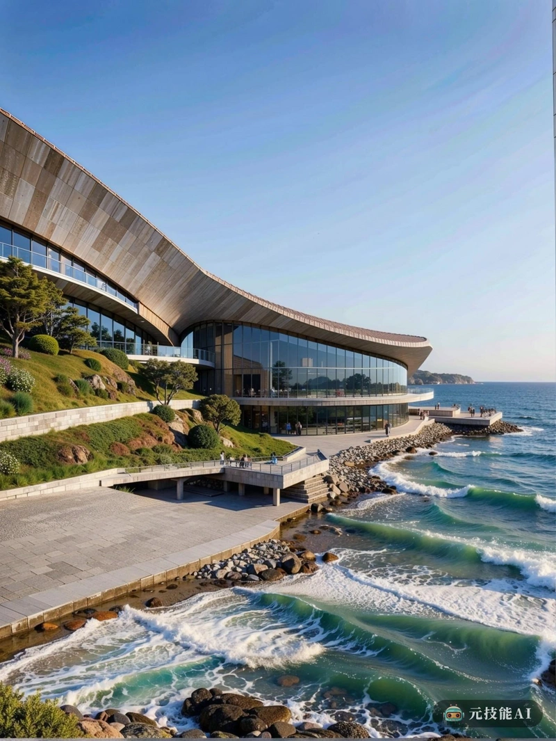 一座由约翰·劳特纳设计的圆锥形博物馆建筑傲然矗立在大海的背景下。该结构似乎是由天然材料制成的，与环境无缝融合。圆锥形的外形以其圆滑的线条和优雅的简约吸引眼球。该建筑似乎证明了洛特纳与自然和谐相处的承诺，同时也展示了他的创新设计感。建筑外的大海是一片蔚蓝，海浪拍打着海岸，营造出一种宁静祥和的氛围。