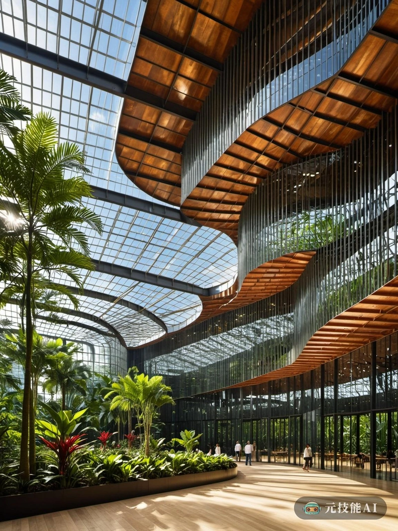 热带天空馆设想了一个垂直的天堂，强烈的工业美学与热带雨林的自然魅力融合在一起。这个设计探索了工业建筑的边界，推动了摩天大楼设计的可能性。外部是钢铁和玻璃的马赛克，反射阳光，创造出光影的动态游戏。在室内，气氛是宁静的，室内空间的设计模仿了热带雨林的自然环境。木质是一个关键元素，木材的口音和饰面贯穿始终，提供了一种温暖的感觉和与自然的联系。展馆风格是显而易见的露天休息室和露台，为客人提供一个机会，享受户外，同时仍然享受舒适的现代生活。符号建筑贯穿始终，建筑元素向工业革命致敬，同时也参考了自然世界。热带天空馆不仅仅是一座建筑;这种体验模糊了室内与室外、自然与科技、过去与未来之间的界限。
