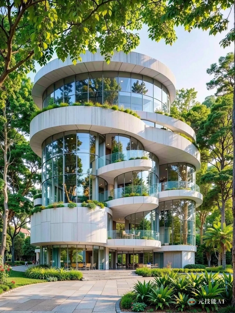 这幅画描绘了一座圆柱形的博物馆建筑,矗立在郁郁葱葱的绿色背景下,高大而优雅。该建筑由著名建筑师设计,是现代与有机形式的融合,其光滑、弯曲的表面反映了周围的自然环境。窗户被巧妙地放置,让自然光进入室内,创造出明亮通风的氛围。建筑似乎拥抱了它的生态环境,绿色植物生长在它的两侧,甚至环绕着它的基础,进一步加强了它与自然的和谐共存。 这幅画描绘了一座圆柱形的博物馆建筑,矗立在郁郁葱葱的绿色背景下,高大而优雅。该建筑由著名建筑师设计,是现代与有机形式的融合,其光滑、弯曲的表面反映了周围的自然环境。窗户被巧妙地放置,让自然光进入室内,创造出明亮通风的氛围。建筑似乎拥抱了它的生态环境,绿色植物生长在它的两侧,甚至环绕着它的基础,进一步加强了它与自然的和谐共存。