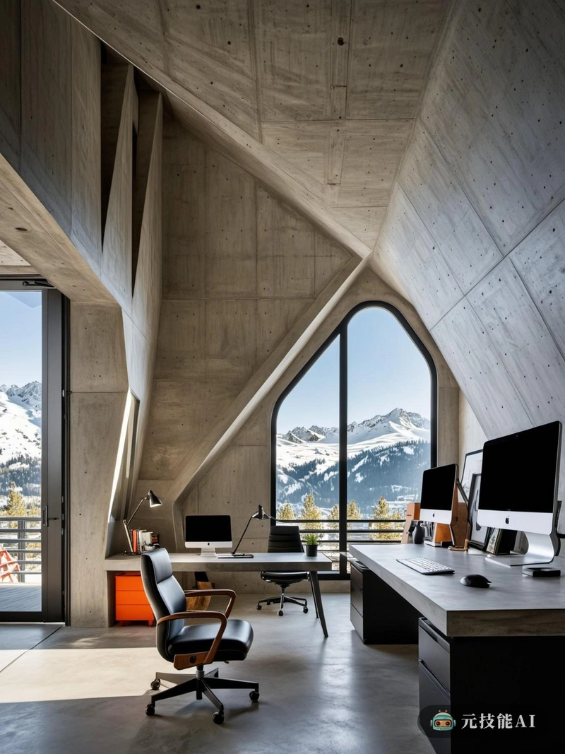 混凝土滑雪山家庭办公室是一个设计概念，融合了滑雪山的宁静与现代工作空间的实用性。该设计的灵感来自于混凝土建筑的光滑线条和耐用材料，体现了极简主义，每个细节都有其目的。后现代主义元素，如不对称的形状和大胆的色彩，为原本简朴的混凝土结构带来活力。装饰艺术风格巧妙地融合在一起，体现在家具和固定装置的复杂细节中，增添了一丝优雅和精致。其结果是一个工作空间，不仅满足了专业人士的需求，而且还充当了创造力和灵感的庇护所。
