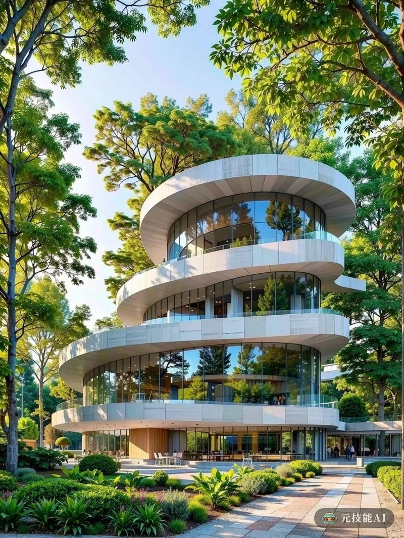 一个迷人的螺旋形博物馆建筑形象,在郁郁葱葱的公园背景下脱颖而出。现代结构看起来优雅地扭曲和旋转,与周围树木和树叶的自然曲线相呼应。阳光透过树枝,在建筑表面投下斑驳的阴影,为建筑的构图增添了温暖和质感。宁静的氛围为学习和探索提供了一个宁静的空间,在这里,历史和文化与自然无缝融合。 一个迷人的螺旋形博物馆建筑形象,在郁郁葱葱的公园背景下脱颖而出。现代结构看起来优雅地扭曲和旋转,与周围树木和树叶的自然曲线相呼应。阳光透过树枝,在建筑表面投下斑驳的阴影,为建筑的构图增添了温暖和质感。宁静的氛围为学习和探索提供了一个宁静的空间,在这里,历史和文化与自然无缝融合。