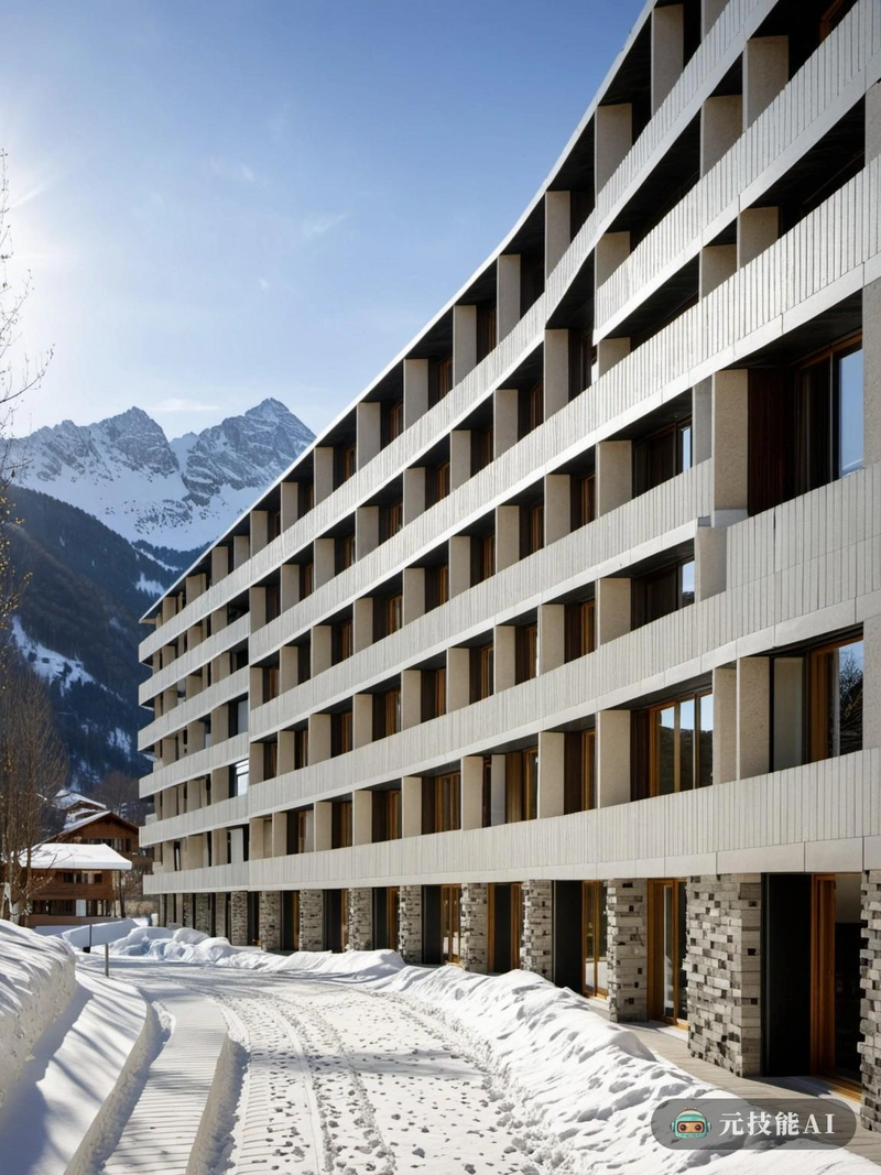 作为高山雪景的无缝延伸，阿尔卑斯山现代主义社会住宅项目体现了现代主义的原则和结构诚实。该设计是一个水平建筑，依偎在山的轮廓中，利用瓷砖与自然环境和谐地融合在一起。这些瓷砖不仅在视觉上与白雪覆盖的山峰相得益彰，而且是一种耐用和环保的建筑材料。建筑的水平方向在冬季最大限度地暴露在阳光下，同时在夏季提供荫凉，确保全年的能源效率和舒适度。设计的核心在于其参数化方法，每个单元都是根据居住者的特定需求量身定制的，同时保持一致的美学和结构完整性。其结果是一个可持续的、建筑独特的社会住宅综合体，不仅满足了居民的实际需求，还增强了其高山环境的自然美。