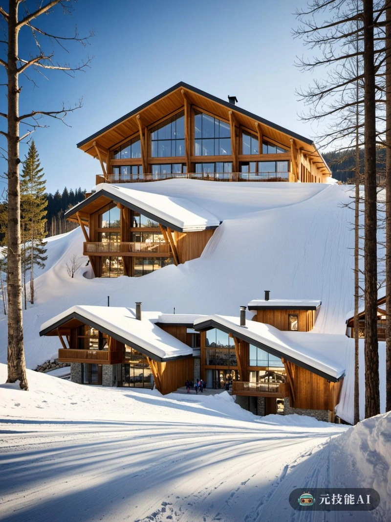 滑雪场建筑的设计理念是几何现代主义和环境可持续性的融合。中心结构是一个木制小屋，唤起了温暖和自然美的感觉。它的Mansard屋顶具有独特的倾斜侧面，为冬季提供了最佳的雪保留系统，确保有足够的雪用于滑雪活动。在夏天，屋顶的设计允许最大限度的阳光透过，创造一个明亮通风的室内。度假村的公共空间旨在鼓励互动和社区，露天露台和壁炉用于舒适的聚会。建筑的几何线条与自然景观形成了美丽的对比，创造了人造和自然元素的和谐融合。这里不仅是一个滑雪的地方，也是一个游客可以沉浸在现代设计之美和自然奇观中的目的地。