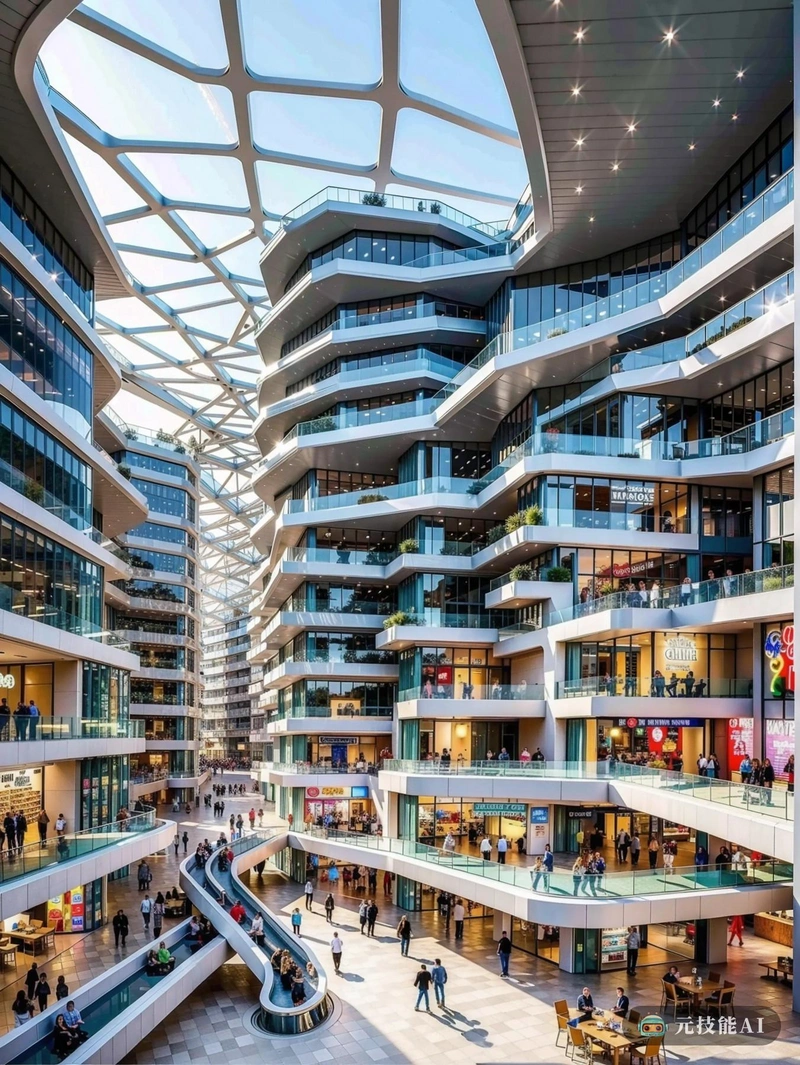 由著名建筑师扎哈·哈迪德设计的未来主义购物中心鸟瞰图。购物中心是一个由相互连接的玻璃和钢结构组成的未来主义迷宫，弯曲和扭曲的动态形状似乎在空中跳舞。阳光透过透明的屋顶，在人行道和店面上投射出斑驳的图案。在里面，购物中心是一个活动的蜂巢，购物者和游客在迷宫般的商店、餐馆和娱乐场所中穿行。室内设计与外部一样独特，哈迪德标志性地使用了有机形状和纹理，创造了一种流动和活力感。购物中心不仅仅是一个购物的地方，也是休闲和文化体验的目的地，提供真正身临其境的零售治疗体验。