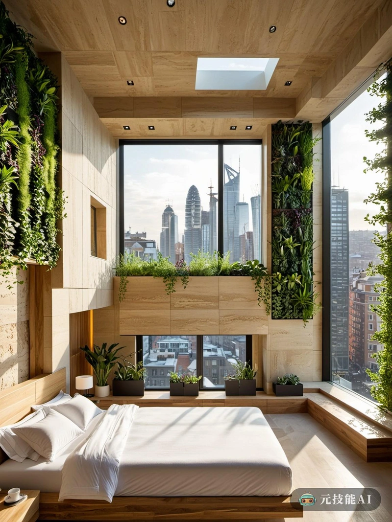 设想一间卧室，它不仅是一个休息的空间，而且是绿色和高科技建筑未来的证明。在这个设计中，卧室占据了水平城市的中心位置，这是一个垂直的城市景观，每一层都是一个新的世界。房间采用分层设计，每一层都有不同的用途，同时保持和谐的流动。底层由砂岩制成，这种材料体现了耐用性和温暖性，为房间提供了坚实的基础。砂岩被光滑、环保的材料(如竹子和回收玻璃)所抵消，增添了现代感。家具和固定装置都是高科技的，集成了智能系统，可以自动照明、温度控制甚至空气质量监测。床本身就是一件艺术品，有内置的阅读灯、触摸屏控制面板，甚至还有一个隐藏的储物间。墙壁上装饰着垂直花园，即使在城市中心也能与自然联系起来。窗户很大，使房间充满了自然光，并提供了远处水平城市的景色。这种卧室设计不仅仅是为了舒适和豪华;这是一个未来的愿景，可持续发展和技术和谐共存，每一个细节都经过仔细考虑，创造一个既美观又实用的空间。