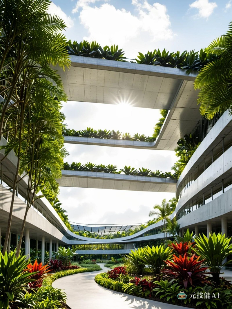 热带植物农场科技园是一个未来的愿景，在这里高科技与大自然的宁静相遇。在其中心，钢筋混凝土结构高耸入云，以其流畅的线条和简约的设计体现了日本现代主义。这个结构支撑着半透明的屋顶，让自然光透过，照亮下面郁郁葱葱的植物园。在这个花园里，科技和植物结合在一起，创造了一个生态友好的天堂。半透明的屋顶收集太阳能，为花园先进的灌溉系统和气候控制机制提供动力。这确保了植物获得最佳条件，同时也最大限度地减少了对环境的影响。游客可以在不同的热带地区进行一次旅行，每个热带地区都精心设计了独特植物物种的自然栖息地。互动展示和教育标志增强了体验，使花园不仅是一个美丽的地方，也是一个可持续农业的学习中心。热带植物农场科技花园不仅仅是一个设计概念;这是一幅科技与自然和谐共存的蓝图，让我们得以一窥人类与环境共同繁荣的未来。