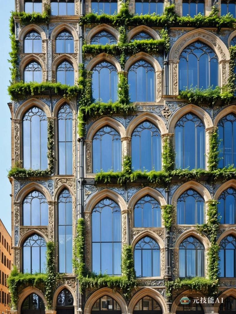 作为过去和未来的交响乐，Hybrid Visions项目体现了钛包覆的高科技建筑和中世纪复兴主义设计的独特融合。生态城市的形状是一个垂直的花园，绿色的屋顶和墙壁与周围的景观无缝融合。钛金属以其耐用性和耐腐蚀性而闻名，被广泛用于结构元素和美学声明。这些建筑以其流畅的线条和现代的形式，与中世纪的元素形成了鲜明的对比，这些元素被用当代的语言重新诠释。拱形窗户、石头立面和复杂的雕刻以一种补充高科技建筑的方式重新构想，而不是与之竞争。装饰艺术风格增添了一丝魅力和活力，为原本静态的中世纪形式带来了动感和活力。其结果是一个既具有未来感又植根于历史的城市景观，证明了人类创造力的力量和混合设计的潜力。