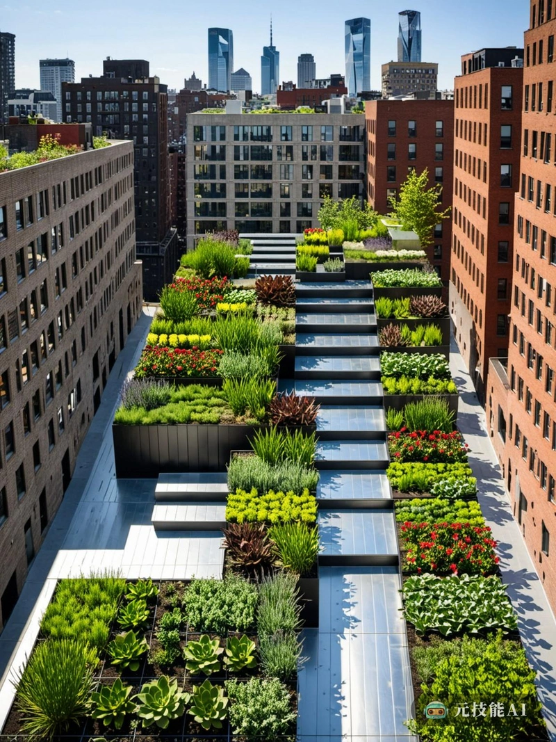 屋顶绿洲的设计理念是野兽派建筑和几何现代主义的融合，创造了一个独特的城市绿色空间。这个屋顶花园位于高层建筑的顶部，将一个通常未使用的城市空间变成了一个郁郁葱葱的公园般的绿洲。设计的核心在于铝合金板的使用，这些板以几何图案排列，参考了现代主义的原则，同时保持了粗野主义的坚固，工业美学。这些板块不仅可以作为走道和休息区，还可以作为花盆，使垂直花园茁壮成长。屋顶绿洲是一个复合形状，每个元素都被设计成相互补充，创造一个和谐的整体。铝板上点缀着一片片绿色，为下面的城市景观提供了喘息的机会。高原上的公园设计兼具功能性和审美性，在城市的喧嚣中提供一个放松和反思的空间。这个设计不仅仅是一个屋顶花园;这是城市可持续性的声明，提醒我们在日益密集的城市中绿色空间的重要性。屋顶绿洲是一个愿景，当蛮力与几何优雅相遇时，在城市中心创造一个屋顶天堂。