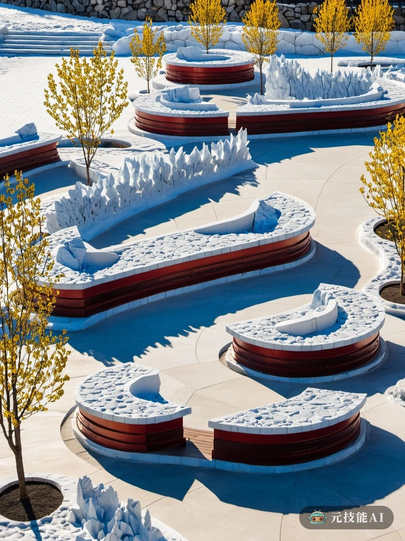 融合公园是一个释放想象力的主题公园设计，将中国传统建筑与现代元素融合在一起。公园的中心是一个人工冰川区，游客可以在这里体验神奇的冰冻景观。家具和起伏的形式无缝地融入景观，提供舒适的休息区和独特的拍照机会。公园的基础设施由现代人造石英石建造，这是一种耐用的材料，补充了冰川地区的冰冷美学。在整个公园里，可以看到传统的中国建筑细节，增添了与游客产生共鸣的文化气息。融合公园提供了一个独特的自然美景，现代设计和文化遗产的融合，为所有人创造一个难忘的经历。