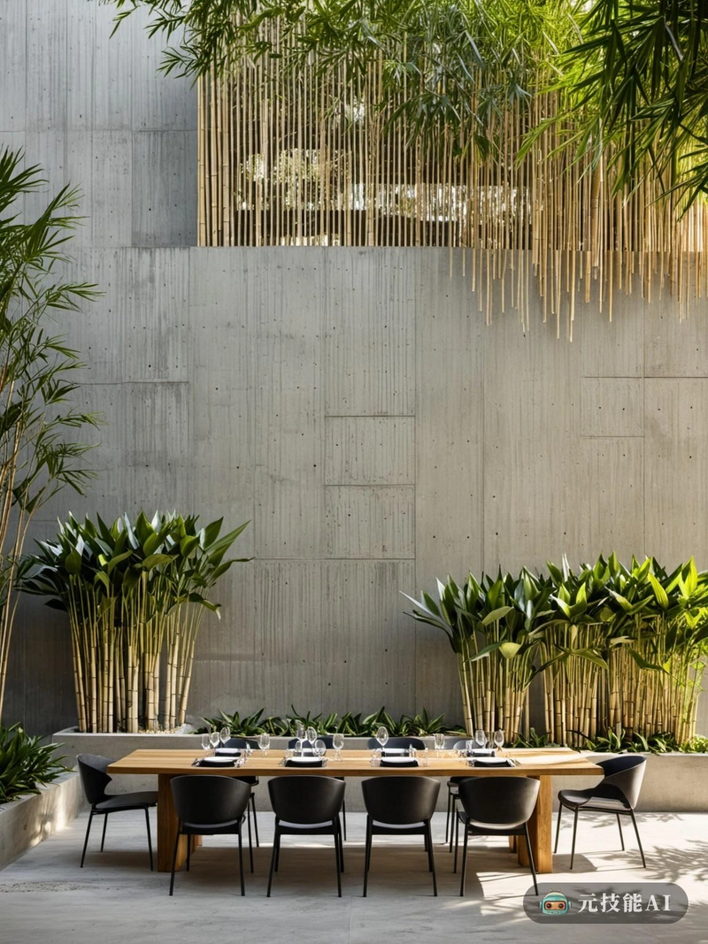 餐厅的设计是热带植物园和极简主义混凝土建筑的融合。空间被包围在一个混凝土结构中，体现了极简主义的美学。外墙的设计类似于哥特式建筑的嵌套形式，创造了一个视觉上吸引人的立面。在室内，餐厅被改造成热带绿洲，竹子和其他植物元素融入整个空间。这些植物为室内增添了自然和宁静的感觉，抵消了混凝土的粗糙。竹子以其独特的优雅，优雅地流淌在整个房间，与现代混凝土结构相辅相成。灯光的设计是为了突出植物元素，在餐桌上投射出柔和的光芒。其结果是一个餐厅，提供了一个逃离平凡，在那里客人可以享受一顿饭在大自然的美丽，同时仍然欣赏干净的线条和简约优雅的混凝土建筑。