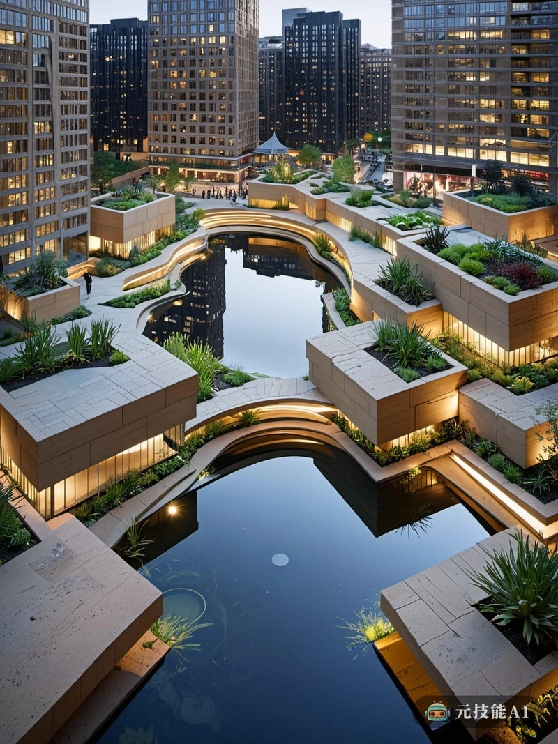 在一个赛博朋克城市的中心,砂岩和钢铁建造的摩天大楼拔地而起,一系列池塘点缀着城市景观。这些宁静的水池不仅仅是装饰元素,而是自然与技术和谐共存的活生生的证明。每个池塘都设计成起伏的形式,反映了未来主义的动态和流动的本质。砂岩的使用以其耐用性和自然美而闻名,是对现代主义强调结构诚实的一种认可。砂岩的原始、未完成的纹理与周围建筑的光滑、控制论的边缘形成了美丽的对比,在新旧、自然和人工之间创造了对话。水面是一面镜子,反射着城市的霓虹灯和星空。这些池塘不仅是休息的空间,也是反思的绿洲,吸引路人停下来,沉思,欣赏城市生活的美丽。 在一个赛博朋克城市的中心,砂岩和钢铁建造的摩天大楼拔地而起,一系列池塘点缀着城市景观。这些宁静的水池不仅仅是装饰元素,而是自然与技术和谐共存的活生生的证明。每个池塘都设计成起伏的形式,反映了未来主义的动态和流动的本质。砂岩的使用以其耐用性和自然美而闻名,是对现代主义强调结构诚实的一种认可。砂岩的原始、未完成的纹理与周围建筑的光滑、控制论的边缘形成了美丽的对比,在新旧、自然和人工之间创造了对话。水面是一面镜子,反射着城市的霓虹灯和星空。这些池塘不仅是休息的空间,也是反思的绿洲,吸引路人停下来,沉思,欣赏城市生活的美丽。