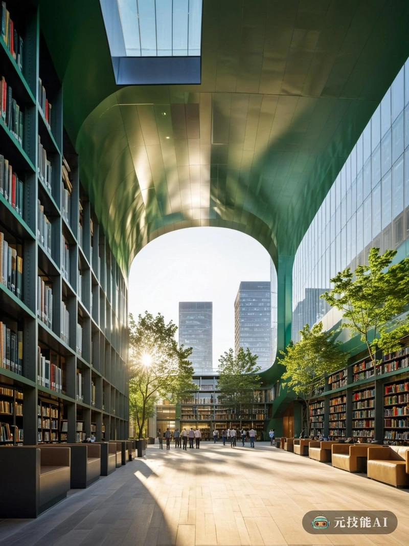 未来城市图书馆是一个将高科技功能与环保绿色建筑相结合的愿景。它以装饰艺术风格设计，体现了过去的优雅和现代，同时展望了未来的科技进步。该结构主要由钢制成，其亭子式的设计允许最大限度的自然光和通风，是耐久性和可持续性的证明。图书馆内部配备了尖端技术，包括互动展示和智能图书检索系统。室内景观同样令人印象深刻，翠绿的绿色空间和水景营造出一种平静而诱人的氛围。这座图书馆不仅是知识的宝库，也是进步的象征，展示了未来城市与自然和谐共处的承诺。