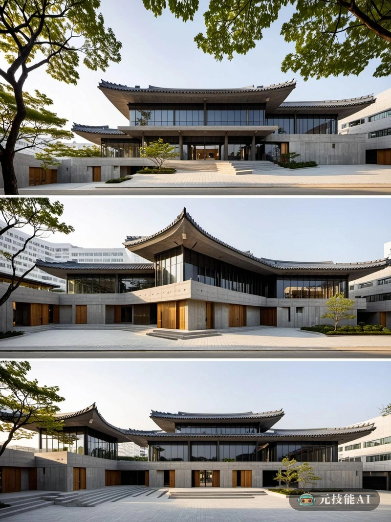 设计理念是“混合设计:现代主义与传统韩国建筑的融合”，探索了两种看似不同的风格的交集。在其核心，设计设想了一个现代办公园区，向韩国建筑的丰富遗产致敬。办公园区从现代主义的鲜明和功能美学中汲取灵感，以结构诚实为指导原则。混凝土板作为现代主义建筑的标志，构成了设计的支柱，为建筑提供了坚实的基础，同时也为进一步的设计探索提供了画布。为了引入传统的韩国影响，设计结合了山墙屋顶，这是韩国建筑的独特元素。这些屋顶有着独特的曲线和角度，并不仅仅是复制品;它们被重新诠释以适应现代主义的框架。其结果是一个既现代又植根于韩国文化认同的设计。这两种风格的融合并不突兀或强迫;相反，它创造了一种既具有视觉吸引力又具有文化意义的和谐融合。这种混合设计不仅仅是关于美学;它是关于创造一个不仅有功能而且有意义的空间。这是一个认识到现代便利设施和文化遗产价值的设计，将它们融合在一起，创造了一个独特而令人难忘的建筑景观。