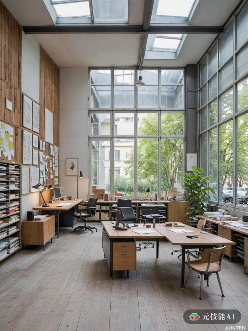 由法国先锋建筑师和家具设计师Jean Prouve设计的办公空间。室内充满了他标志性的工业而优雅的家具,创造了一个功能和诱人的工作空间。房间是开放和通风的,大窗户让自然光线涌入。桌子光滑而现代,由他标志性的金属和木材材料制成,并以促进合作和创造力的方式排列。墙壁裸露,让焦点留在家具和空间内正在完成的工作上。整体美学简约而实用,体现了Jean Prouve的设计理念。 由法国先锋建筑师和家具设计师Jean Prouve设计的办公空间。室内充满了他标志性的工业而优雅的家具,创造了一个功能和诱人的工作空间。房间是开放和通风的,大窗户让自然光线涌入。桌子光滑而现代,由他标志性的金属和木材材料制成,并以促进合作和创造力的方式排列。墙壁裸露,让焦点留在家具和空间内正在完成的工作上。整体美学简约而实用,体现了Jean Prouve的设计理念。