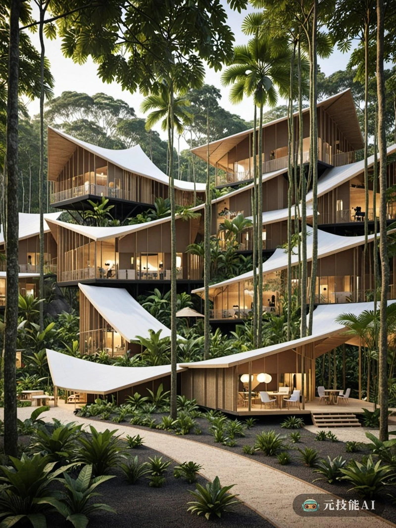 热带雨林博物馆营地是一个可持续发展和动态设计的愿景，将高科技创新与热带雨林的自然美相结合。该设计的核心是使用木质复合板，这种材料既环保又耐用。这种材料在整个营地中使用，创造出与热带环境和谐融合的结构。营地的建筑是动态的，适应游客和环境不断变化的需求。建筑采用嵌套的形式，相互环绕，创造出一种相互联系和社区的感觉。这种设计也允许最大限度地利用空间，确保营地可以容纳大量的游客，而不影响舒适性或可持续性。高科技元素无缝地融入到设计中，增强了游客体验，同时保持了对环境的低影响。互动展示和智能照明系统等功能不仅增加了营地的吸引力，而且通过节约能源和资源有助于其可持续性。总的来说，博物馆热带雨林营地是可持续设计的展示，展示了我们如何创造尊重和增强自然环境的美丽和功能空间。