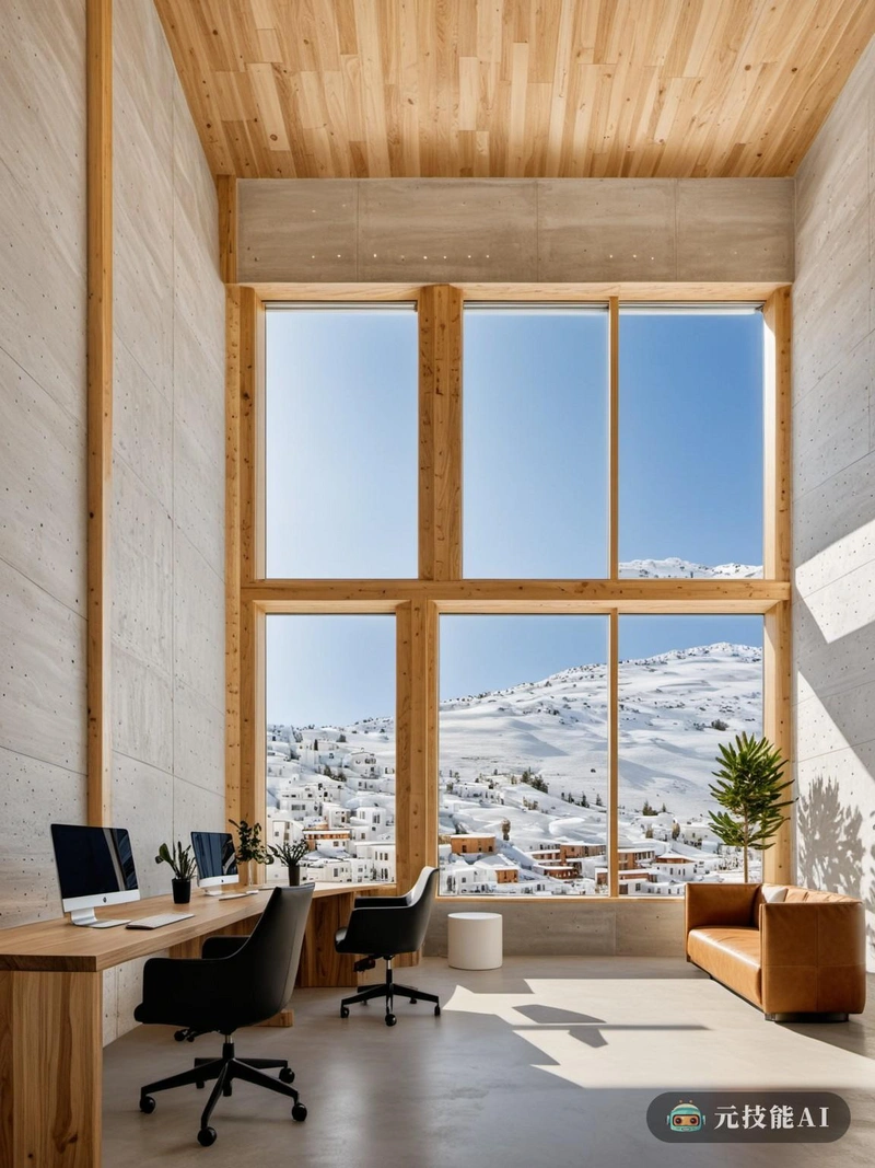 在高山雪景的中心，一个独特的联合工作空间升起，融合了自然，极简主义和希腊建筑。混凝土结构，以其简洁的线条和低调的优雅，为这个创新的工作空间提供了坚实的基础。与周围自然环境相呼应的木质复合板被用作点缀，以其自然的色调和纹理温暖室内空间。建筑立面采用嵌套形式设计，让人联想到希腊神庙，复杂的细节吸引了人们的眼球。这种设计元素不仅增加了视觉上的趣味性，而且还象征着工作空间内的协作和社区理念。在室内，空间是开放和通风的，大窗户勾勒出令人惊叹的白雪覆盖的景观。极简主义的室内设计允许最大的功能，而不会感到拥挤或混乱。舒适的座位区，配备了现代技术，鼓励放松和创造力。这个联合办公空间不仅是一个工作的地方，也是一个灵感和协作的庇护所。它提供了自然之美，简约设计和希腊建筑影响的独特融合，创造了一个既鼓舞人心又富有成效的环境。