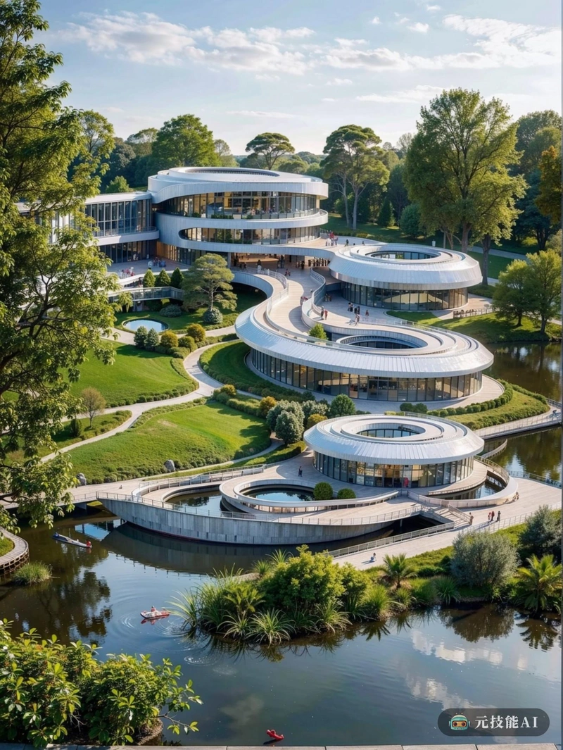 一座博物馆建筑呈缎带状,优雅地环绕着一条宁静的河流。这座建筑是现代建筑的杰作 一座博物馆建筑呈缎带状,优雅地环绕着一条宁静的河流。这座建筑是现代建筑的杰作