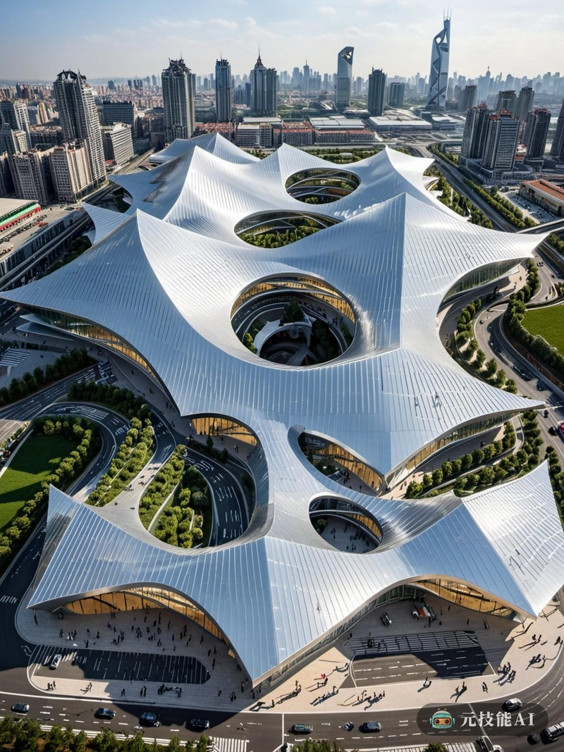 作为一个充满活力的交通枢纽，未来交通枢纽是中国传统美学与当代高科技设计和谐融合的证明。结构主要由铝合金制成，散发出时尚和现代的外观，体现了当代中国建筑的精髓。它的锯齿形设计不仅抓住了动态流动的本质，而且作为城市可持续城市规划的前瞻性思维方法的象征。锯齿形的图案优化了自然采光和通风，减少了建筑的碳足迹，同时为通勤者提供了舒适的环境。高科技特征，如智能交通管理系统和可再生能源集成，进一步强调了该枢纽对环境可持续性和技术创新的承诺。未来交通枢纽不仅仅是一个交通节点;它是进步的灯塔，是通往高科技生态城市的门户，传统与现代，静态与动态，完美和谐共存。