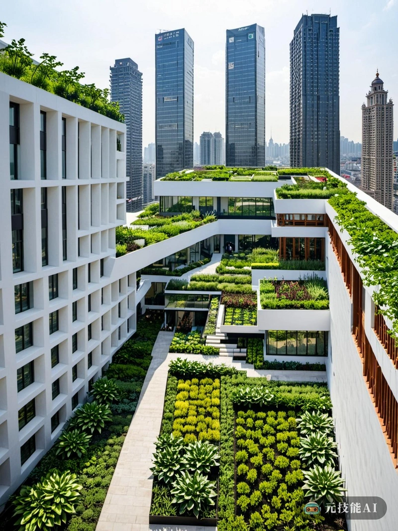 屋顶花园坐落在繁华的城市中心，是中国现代建筑的灯塔。这个设计体现了现代主义的精髓，强调结构的诚实和简洁的线条，同时无缝地结合了高科技农业实践的最新进展。这座花园位于一座熙熙攘攘的摩天大楼顶上，提供了一片郁郁葱葱的绿洲，城市居民可以在这里逃离城市生活的喧嚣。由于膜结构材料的创新使用，屋顶变成了一个翠绿的天堂。这些重量轻，但令人难以置信的坚固，材料轮廓创造了一个动态的景观，支持各种各样的植物和树木。这个设计不仅提供了一个视觉上引人注目的全景，而且作为一个可持续的城市农业解决方案，为周围的社区生产新鲜的农产品。屋顶花园是中国传统建筑与当代设计原则和谐融合的见证。全景设计确保花园的每个角落都能看到令人惊叹的景色，邀请居民和游客一起欣赏自然之美和现代建筑的天才。