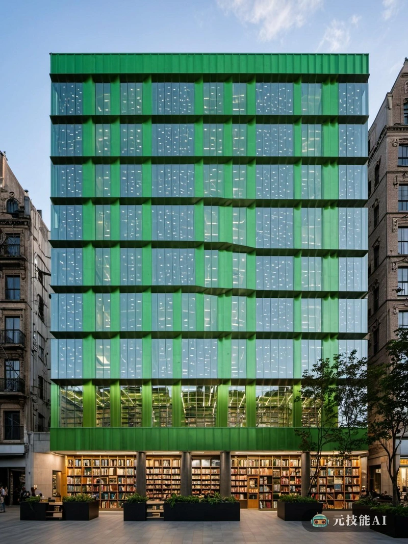 在这座赛博朋克城市的中心，一家书店矗立着一座知识与宁静的灯塔。这座建筑被称为“赛博绿色图书馆”，是高科技和绿色建筑的杰作。它的立面覆盖着锌，这种材料在城市的霓虹灯下闪闪发光，反映了城市景观的控制论脉搏。锌板以几何图案穿孔，允许自然通风和室内光影的发挥。书店的屋顶采用山墙屋顶，向传统建筑致敬，与城市的现代天际线形成鲜明对比。这些屋顶种植了郁郁葱葱的绿色屋顶花园，为城市混凝土丛林提供了喘息的机会。在内部，阅读区设计了舒适的座位和柔和的照明，而书架则配备了RFID技术，实现无缝结账和库存管理。这家书店不仅仅是一个买书的地方;这是一种经历。凭借赛博朋克的美学和绿色设计，它是科技和混凝土世界中思想的避难所。