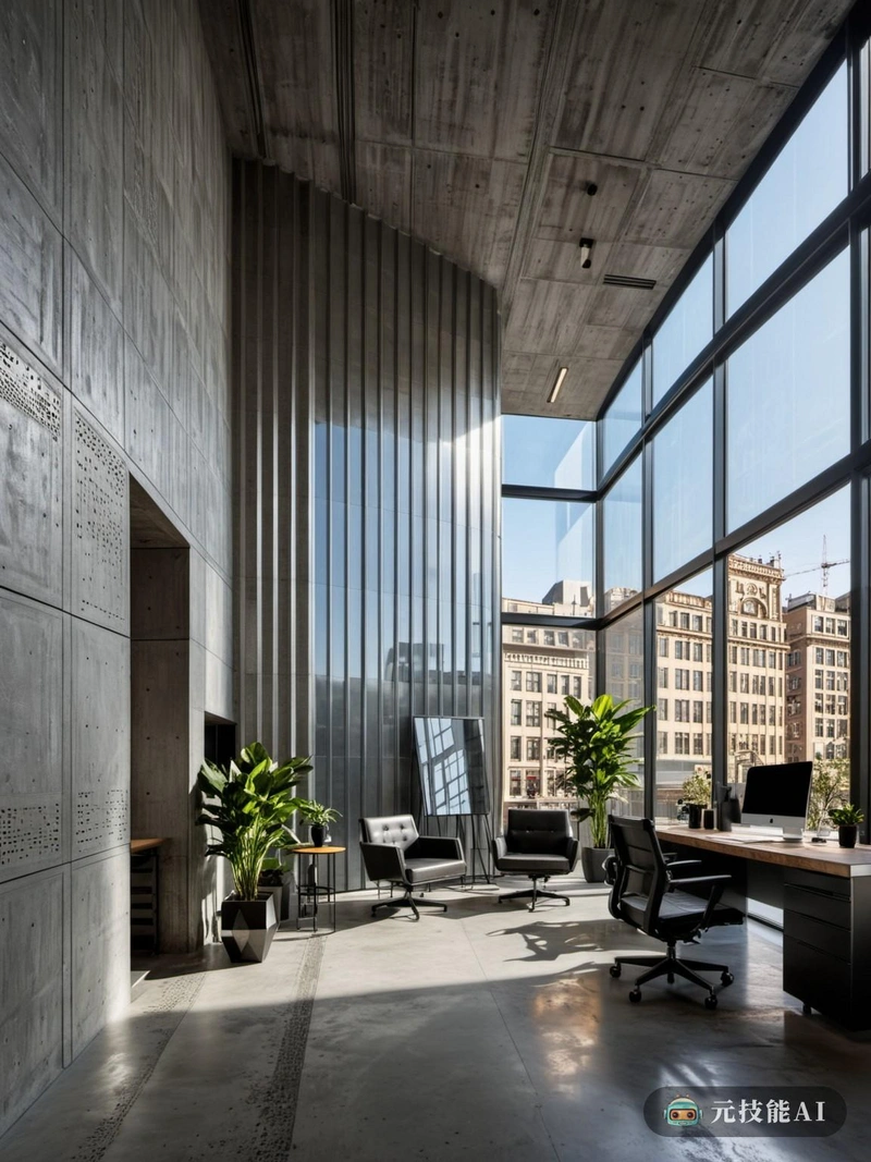 这个位于赛博朋克城市的联合办公空间的设计概念是极简主义混凝土建筑和詹姆士王朝影响的动态融合，创造了一个独特的工作空间，既具有未来感，又植根于历史传统。建筑的立面由光滑的铝塑板组成，在保持耐用性的同时提供现代的触感。这些面板以复合形状排列，参考了赛博朋克艺术和建筑中的几何图案。在室内，空间是开放和通风的，有高高的天花板和充足的自然光线。混凝土墙和地板提供了坚实的基础，而家具和固定装置的设计则补充了工业美学。其结果是一个功能和美观的工作空间，鼓励居住者之间的创造力和协作。这个设计证明了想象力的力量，融合了不同时代和风格的元素，创造了一个真正独特而鼓舞人心的环境。这是一个既能满足现代专业人士需求，又能激发他们想象力和创造力的工作空间。