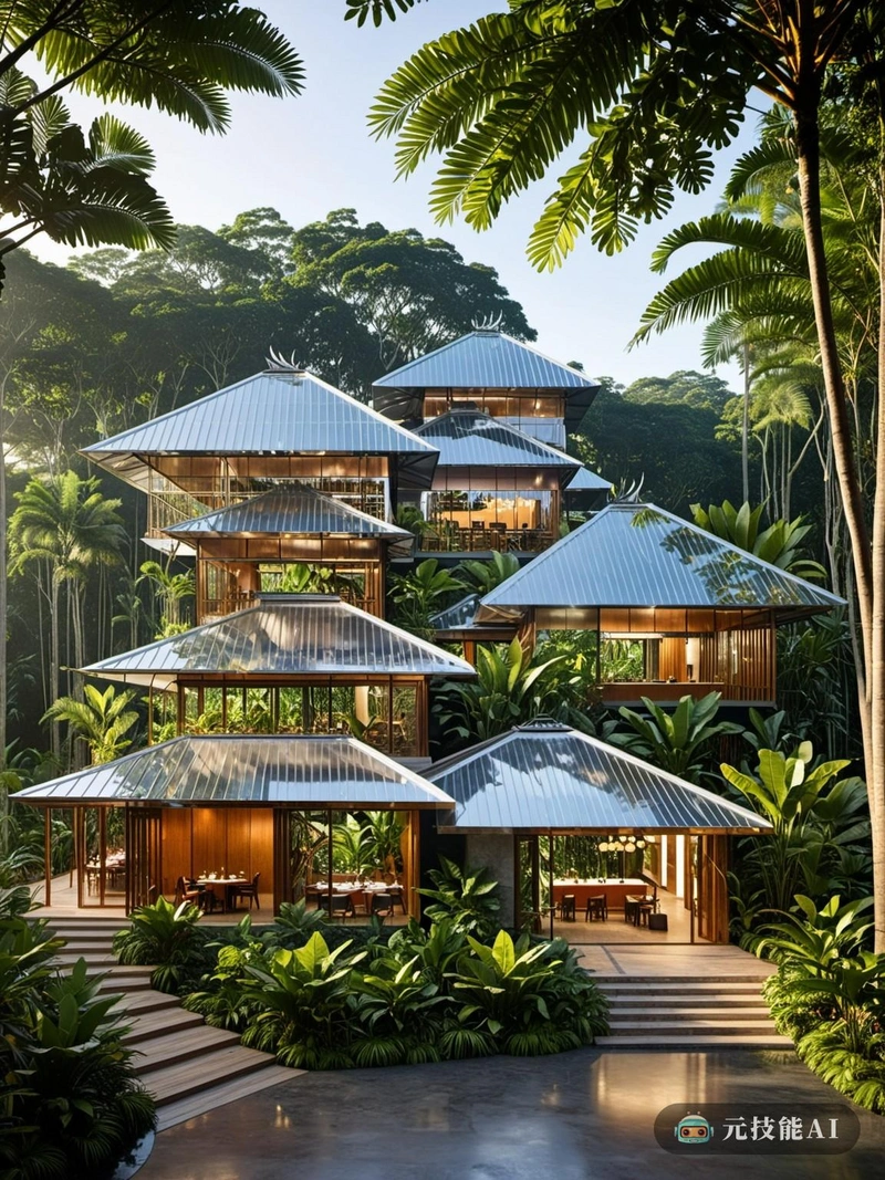 折衷的热带雨林天堂是一个旅游设施，旨在提供一个无与伦比的经验，在南美洲热带雨林的心脏。该设计融合了后现代讽刺和复杂性的精髓，不锈钢和现代中国建筑风格，创造了一个与自然环境和谐相处的独一无二的结构。该设施的外部覆盖着不锈钢，这种材料反映了周围的雨林，同时也能抵抗热带气候的严酷。屋顶线以一系列山墙为标志，向传统的中国建筑致敬，而内部则是一个相互连接的空间迷宫，有趣地反映了热带雨林的复杂生态。迎接客人的是一个大厅，通向悬挂在树冠之上的一系列走道，提供令人叹为观止的热带雨林景色。人行道连接各种设施，包括观景台，提供当地美食的餐厅，以及利用天然热带雨林成分的水疗中心。该设计还包括一个研究中心，致力于研究和保护雨林的生物多样性。在整个设施中，后现代的讽刺在现代便利与自然元素的并置中是显而易见的。例如，餐厅的内部以抽象艺术为特色，向雨林的生物多样性致敬，而水疗中心的理疗室则装饰着热带树叶和石头。总之，不拘一格的热带雨林天堂是南美洲热带雨林旅行的美丽和可持续性的证明，为游客提供身临其境的体验，模糊了自然与现代便利之间的界限。
