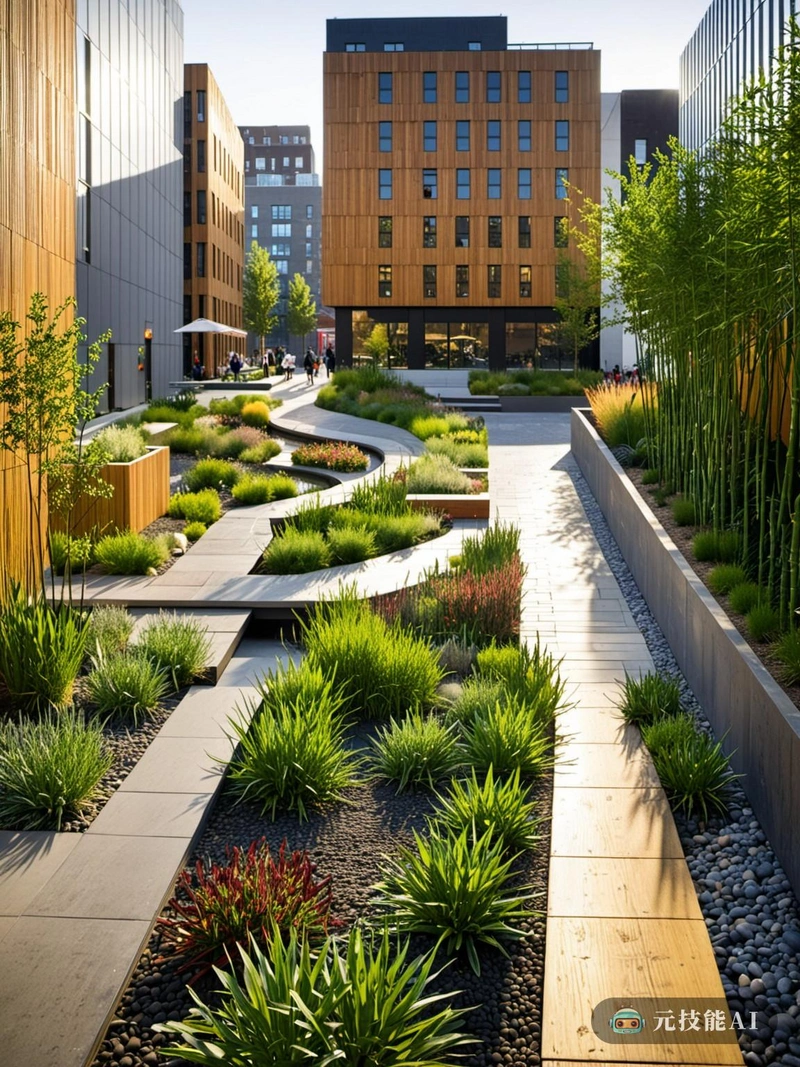 “商业街上的雨花园”的设计理念是城市可持续性和美丽的愿景。它想象着一个熙熙攘攘的商业大道转变成一个有生命、有呼吸的生态系统。几何形状和现代线条定义了建筑，创造了一个充满活力和迷人的城市景观。竹子是一种可再生和可持续的材料，在设计中被广泛使用，提供了结构和美学价值。雨水花园不仅是商业空间，也是天然水库，通过植物过滤和净化雨水。这种功能主义是对解构主义风格的致敬，打破了传统的城市规划理念，并以环境和谐为重点进行了重建。该设计提出了一种新的城市发展模式，既尊重自然世界，又满足现代城市生活方式的需求。