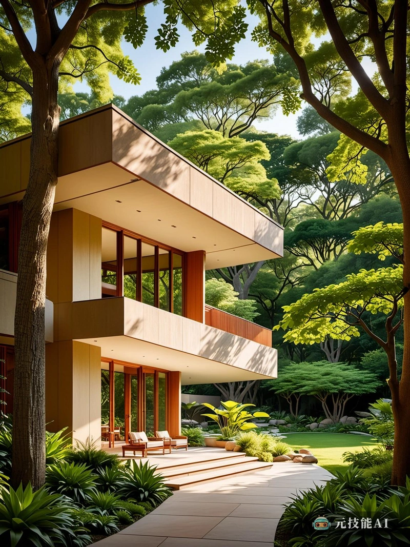 一座宁静的住宅建筑,由传奇人物弗兰克·劳埃德·赖特设计,矗立在郁郁葱葱的绿色背景下。建筑的立面是简洁和谐的杰作,线条简洁,材料自然。大窗户邀请自然光涌入室内,创造明亮通风的氛围。屋顶轮廓优雅地弯曲,与周围的景观无缝融合。这座住宅不仅仅是一个居住的地方,也是建筑之美及其改善我们生活能力的证明。 一座宁静的住宅建筑,由传奇人物弗兰克·劳埃德·赖特设计,矗立在郁郁葱葱的绿色背景下。建筑的立面是简洁和谐的杰作,线条简洁,材料自然。大窗户邀请自然光涌入室内,创造明亮通风的氛围。屋顶轮廓优雅地弯曲,与周围的景观无缝融合。这座住宅不仅仅是一个居住的地方,也是建筑之美及其改善我们生活能力的证明。