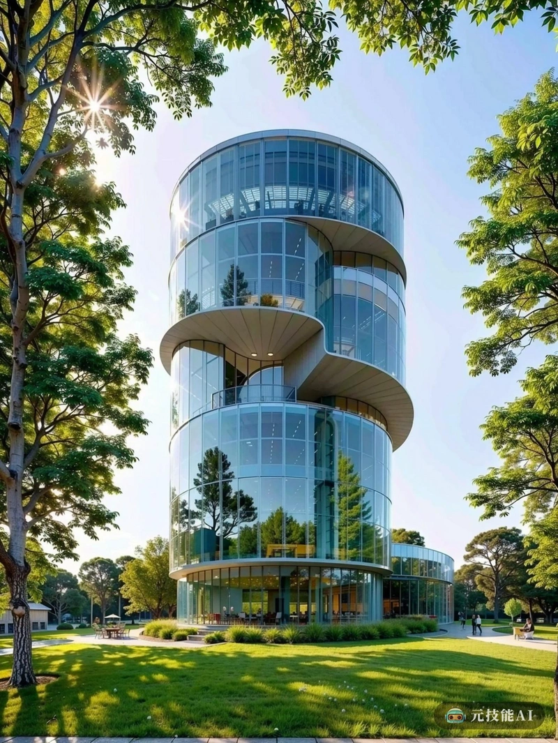 一座圆柱形的博物馆建筑优雅地矗立在郁郁葱葱的绿色草坪的背景下。由一位对自然和可持续性有着深刻理解的著名建筑师设计,该结构似乎与自然环境无缝融合。外部覆盖着光滑的反射表面,模仿水滴的曲率,捕捉太阳光线,并在周围的草坪上投射动态阴影。窗户的位置战略性地最大化了自然光,同时保持了隐私。在内部,圆柱形的设计创造了一种开放和宽敞的感觉,展品安排在圆形的路径上,引导游客通过发现之旅。外面的草坪为游客提供了一个宁静的环境,让他们放松和反思,补充了博物馆培养对艺术和文化的欣赏和理解的使命。 一座圆柱形的博物馆建筑优雅地矗立在郁郁葱葱的绿色草坪的背景下。由一位对自然和可持续性有着深刻理解的著名建筑师设计,该结构似乎与自然环境无缝融合。外部覆盖着光滑的反射表面,模仿水滴的曲率,捕捉太阳光线,并在周围的草坪上投射动态阴影。窗户的位置战略性地最大化了自然光,同时保持了隐私。在内部,圆柱形的设计创造了一种开放和宽敞的感觉,展品安排在圆形的路径上,引导游客通过发现之旅。外面的草坪为游客提供了一个宁静的环境,让他们放松和反思,补充了博物馆培养对艺术和文化的欣赏和理解的使命。