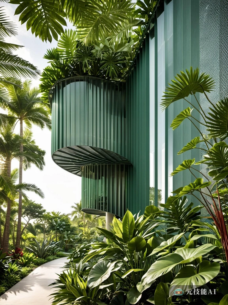 热带植物绿洲是一个设计概念，融合了郁郁葱葱的热带植物园的魅力与有机建筑的原则。该设计以一系列悬臂结构为特色，由金属网等可持续材料建造，在翠绿的树叶中优雅地流动。这些结构的灵感来自流线现代建筑，体现了动感和现代优雅的感觉。金属网不仅在视觉上吸引人，而且还具有功能目的，允许自然光和空气自由流过花园，同时为悬臂结构提供支撑。这种透明度使结构与自然环境无缝融合，在建筑环境和自然世界之间创造了一种统一感。热带植物绿洲是一个宁静和灵感的避难所，在这里，艺术与自然相交，为游客创造了独特的体验。它证明了设计在创造空间方面的力量，这些空间不仅具有视觉吸引力，而且对环境负责和可持续发展。