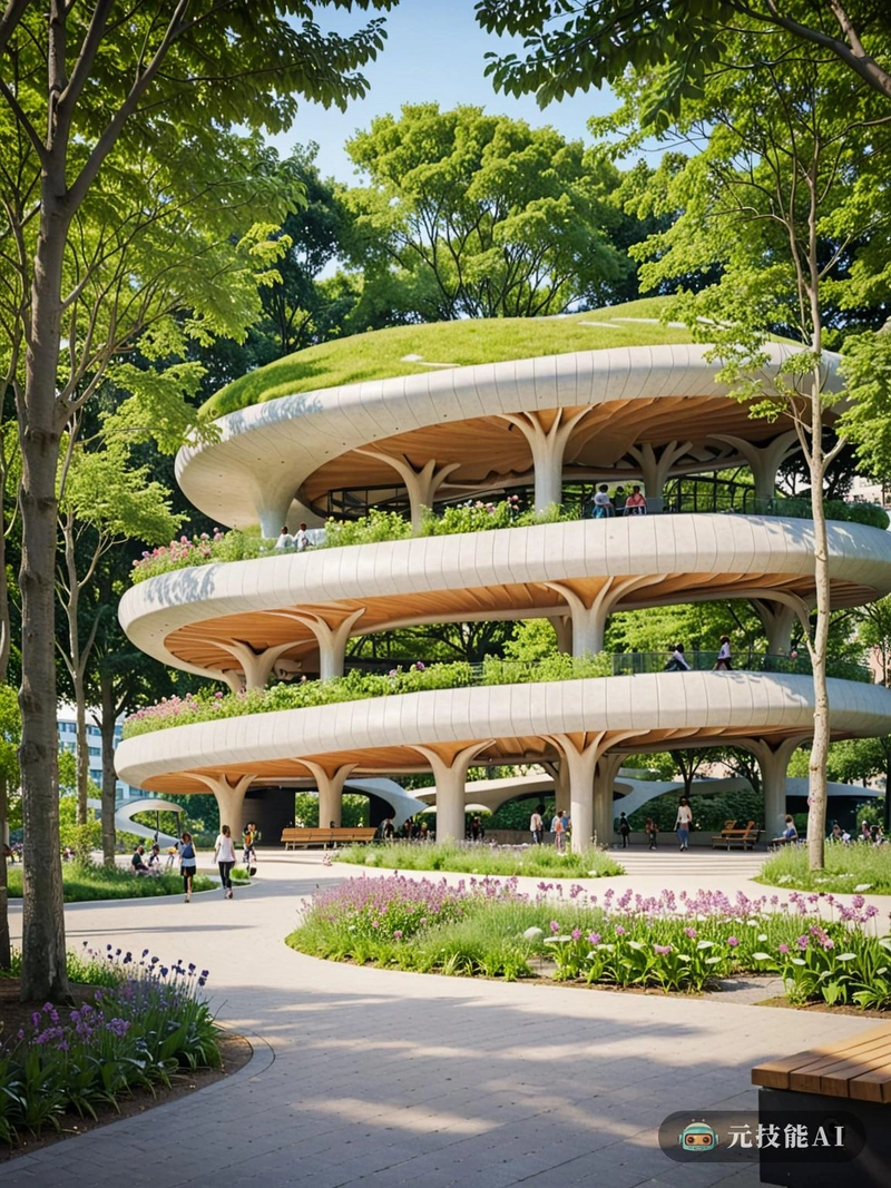 图为由著名建筑师让·努维尔设计的公园,展示了自然与现代设计的和谐融合。公园绿树成荫,花木繁茂,中央亭子有独特的弧形屋顶,就像运动中的波浪。该建筑由可持续材料制成,周围环绕着人行道和长凳,吸引游客流连并享受宁静的氛围。该公园证明了努维尔致力于创造与自然联系的空间,并为喧嚣的城市生活提供喘息的机会。 图为由著名建筑师让·努维尔设计的公园,展示了自然与现代设计的和谐融合。公园绿树成荫,花木繁茂,中央亭子有独特的弧形屋顶,就像运动中的波浪。该建筑由可持续材料制成,周围环绕着人行道和长凳,吸引游客流连并享受宁静的氛围。该公园证明了努维尔致力于创造与自然联系的空间,并为喧嚣的城市生活提供喘息的机会。