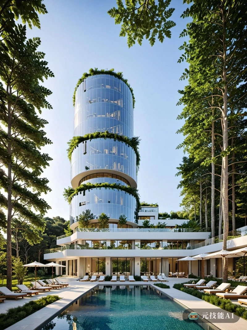 在茂密的森林深处，一个生态豪华旅游设施是自然与现代设计和谐融合的证明。被称为“森林摩天大楼”的先锋摩天大楼是可持续建筑的先驱，在保持现代美学的同时，拥抱周围的绿色植物。它的外部涂有透明玻璃，让客人在享受周围森林全景的同时仍然保持隐私。酒店内部融合了希腊建筑和现代装饰设计，提供了一个放松和豪华的逃离喧嚣的外部世界。在设施的中心是一个花园，一个宁静的绿洲，客人可以放松和享受宁静。花园的设计具有复杂的观赏功能，将自然之美与人类创造的优雅相结合。山墙屋顶向传统的希腊设计致敬，提供阴凉和遮蔽，创造一个舒适的放松和反思空间。这个生态豪华设施提供了自然和现代设计的独特融合，为客人提供无与伦比的体验，让他们想要更多。