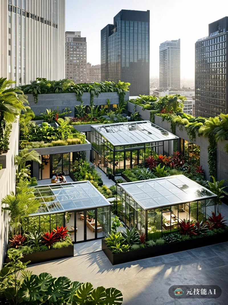 设想一个屋顶花园，毫不费力地将南美热带雨林的郁郁葱葱与玻璃和钢铁的时尚极简主义融合在一起。这个设计体现了对传统屋顶花园的彻底背离，在城市景观之上提供了一个亭子式的避难所。充气材料是对当代建筑的致敬，提供了灵活性和适应性，允许空间随着天气和居住者的需求而变化。屋顶花园的设计是激进主义的证明，它推动了城市绿色空间的边界。在这里，人们可以逃离城市的喧嚣，步入自然与科技和谐共存的宁静绿洲。