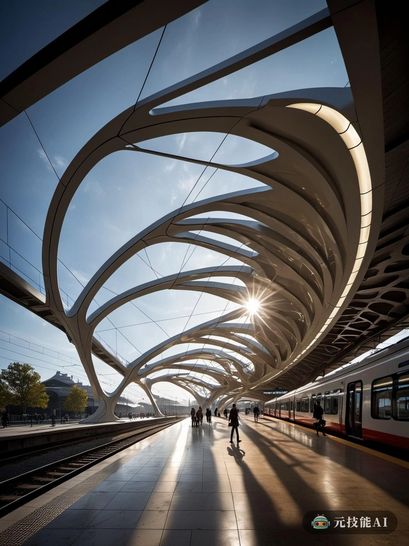 由著名建筑师扎哈·哈迪德(Zaha Hadid)设计的火车站造型优美，充满未来感。车站是曲线和角度的动态组合，就像一个运动中的雕塑。阳光透过透明的屋顶，在几何形状和雕塑元素上投射出柔和的光芒。天气晴朗，万里无云，和煦的微风吹拂着车站周围的树叶。诸如车站曲线在邻近水体中的反射，以及火车站台的圆滑设计等细节增加了整体美感。这个车站不仅仅是一个交通枢纽，也是哈迪德将建筑与自然世界融合在一起的愿景的证明。