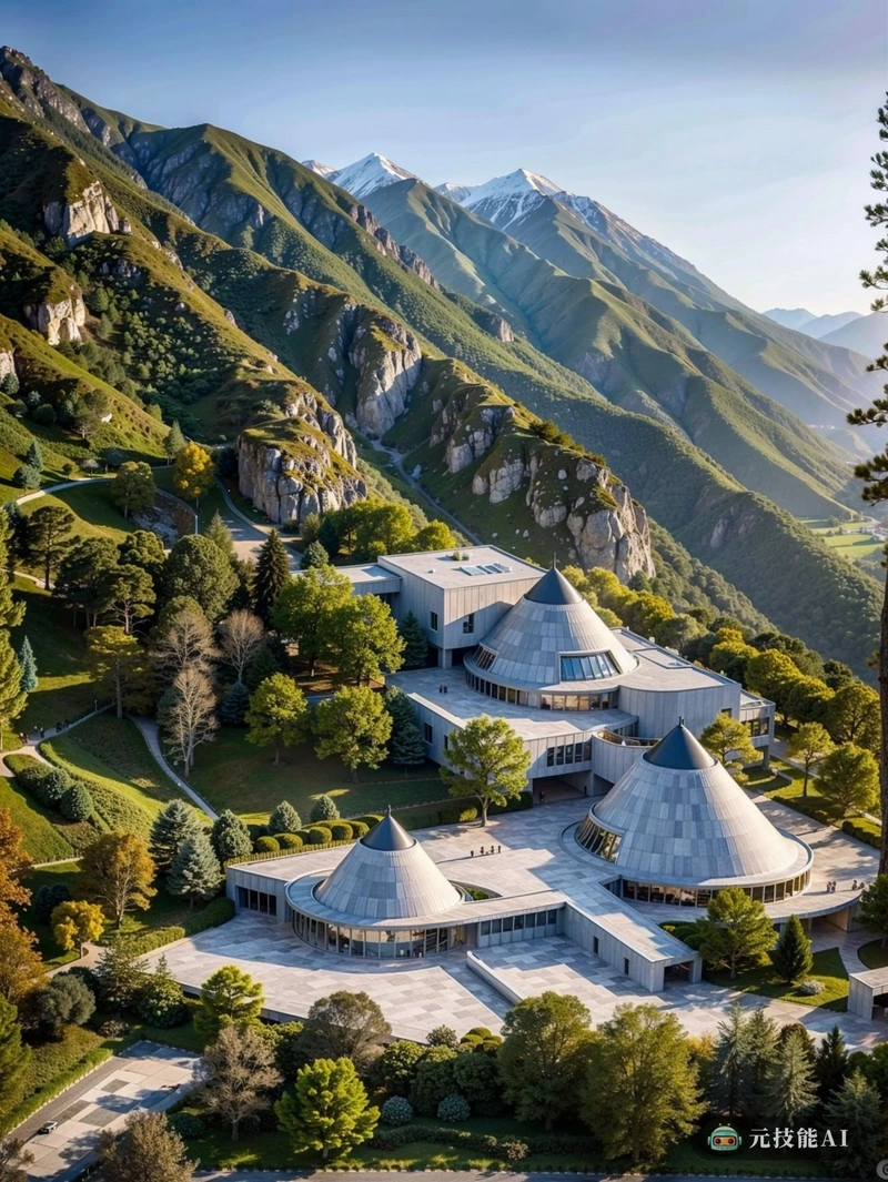 光滑表面的圆锥建筑,在群山之中,阳光明媚,阴影透过树叶散落在地上 光滑表面的圆锥建筑,在群山之中,阳光明媚,阴影透过树叶散落在地上