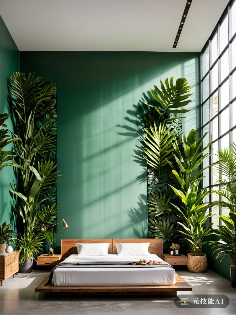 热带植物卧室展示了独特的设计理念，融合了自然美景和高科技的可持续性。卧室的灵感来自热带植物园，在室内空间中体现了它们的郁郁葱葱和活力。墙上装饰着描绘了各种热带植物和花卉的瓷砖，创造了一场将您带入丛林天堂的视觉盛宴。在策略方面，设计优先考虑功能性和舒适性，同时保持生态友好的方式。这张床由可持续材料制成，并配备了最先进的技术，比如智能传感器，可以根据居住者的喜好调整床垫的硬度和温度。整个房间的家具遵循解构主义风格，脱离传统形式，重组进入现代几何形状。这种风格不仅补充了热带主题，而且为空间增添了当代的边缘。总的来说，热带植物卧室的设计是自然、科技和可持续性和谐融合的证明。这是一个鼓励放松和创造力的避难所，同时也提醒我们保护地球的责任。
