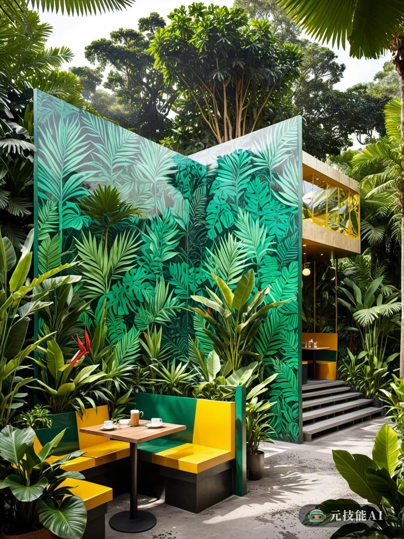 CafeTropical是一个设计概念，通过热带雨林露营地郁郁葱葱的绿色植物，将游客带入后现代的奥德赛。该设计融合了讽刺和复杂性，玩弄拜占庭建筑的传统元素，并以现代野兽派的形式重新诠释它们。亚克力板被用来在室内外空间之间创造半透明的屏障，使自然与文明之间的界限变得模糊。咖啡馆的内部装饰有抽象的图案和几何形状，参考了拜占庭的图案，但扭曲和重新排列，以反映雨林的混乱和秩序。野兽派风格的外观，以其原始的混凝土和棱角分明的形式，证明了自然的力量和人类探索和征服自然的冲动。CafeTropical不仅仅是一家咖啡馆;这是一种挑战感官的体验，引发了对艺术、自然和现代的交叉思考。
