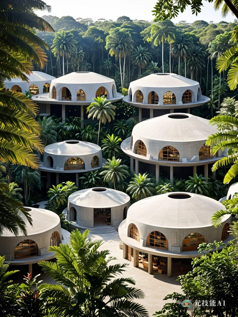 在南美热带雨林的中心，一种融合了工业建筑和摩尔建筑的设计理念正在形成。混凝土作为主要材料，以极简主义的方式使用，体现了工业设计的原始和耐用性。这些圆顶屋顶的建筑向摩尔式建筑致敬，增添了一层文化的丰富性和历史的深度。圆顶，以其圆形的形状，在茂密的热带雨林的背景下脱颖而出，创造了自然环境和建筑环境之间的对话。设计不仅仅是美学;它证明了人类的聪明才智与自然之美之间可以实现和谐。