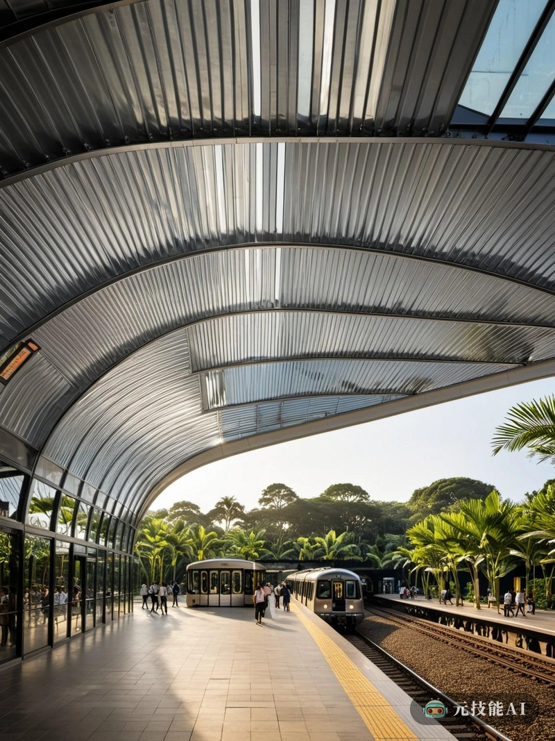 这个地铁站的设计理念是现代与古典主义的和谐融合。坐落在热带植物园中，车站的每一个细节都体现了大自然的精髓。外部是玻璃和钢铁极简主义的展示，展示了干净的线条和圆滑的轮廓。铝合金结构不仅提供了强度，而且有助于车站的现代美学。在内部，设计借鉴了新古典主义，创造了一种熟悉和舒适的感觉。车站的屋顶设计为曼萨尔屋顶，为当代设计增添了一丝历史魅力。这个设计不仅仅是一个交通枢纽，也是一个通勤者可以停下来，欣赏艺术，与自然联系的地方。
